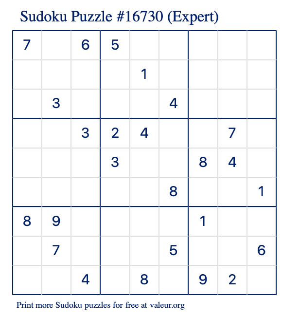 Free Printable Expert Sudoku Puzzle number 16730