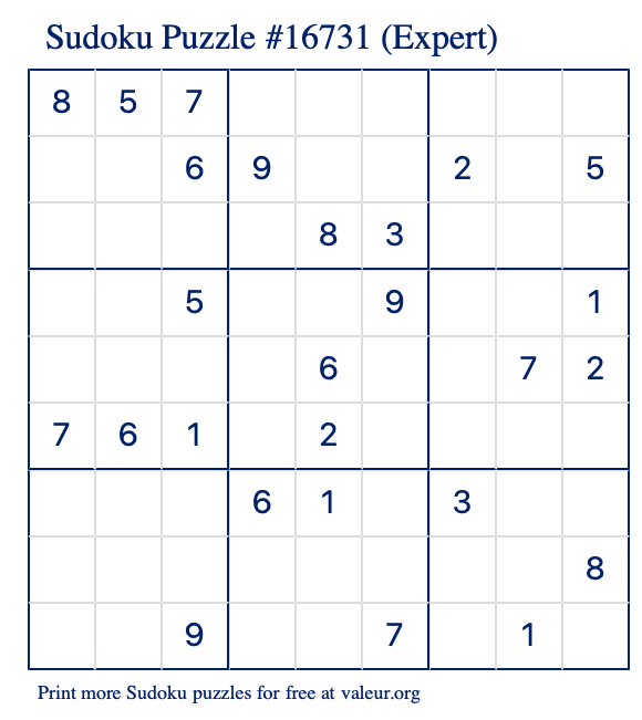 Free Printable Expert Sudoku Puzzle number 16731