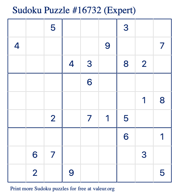 Free Printable Expert Sudoku Puzzle number 16732