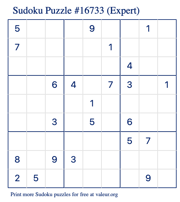 Free Printable Expert Sudoku Puzzle number 16733