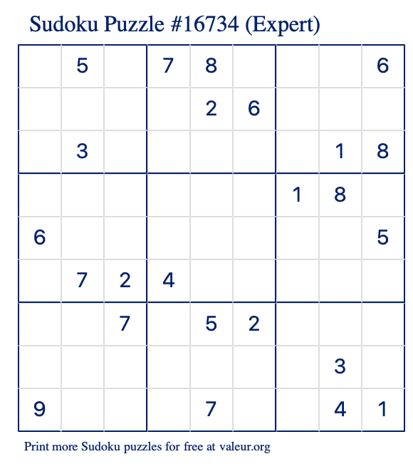 Free Printable Expert Sudoku Puzzle number 16734