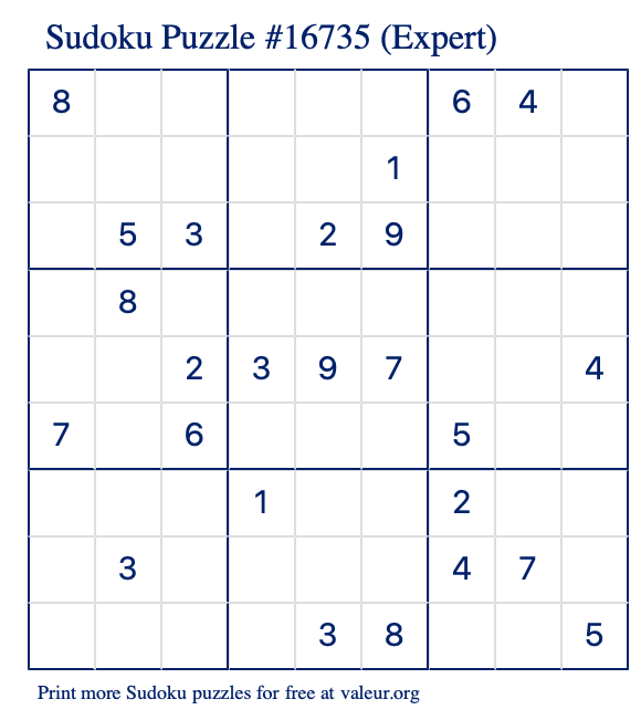 Free Printable Expert Sudoku Puzzle number 16735