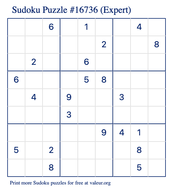 Free Printable Expert Sudoku Puzzle number 16736