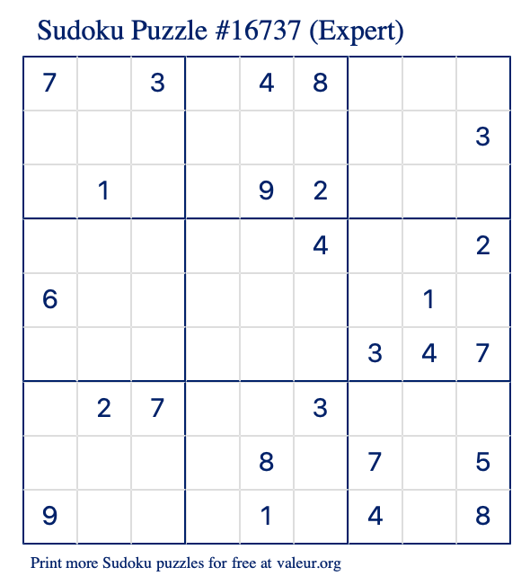 Free Printable Expert Sudoku Puzzle number 16737