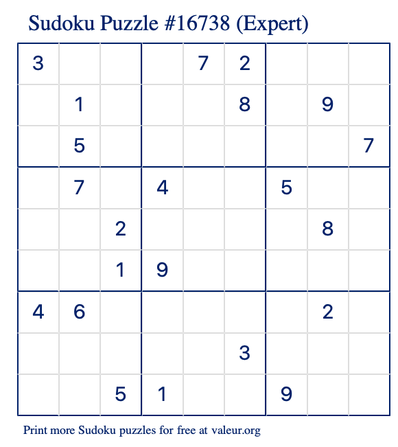 Free Printable Expert Sudoku Puzzle number 16738