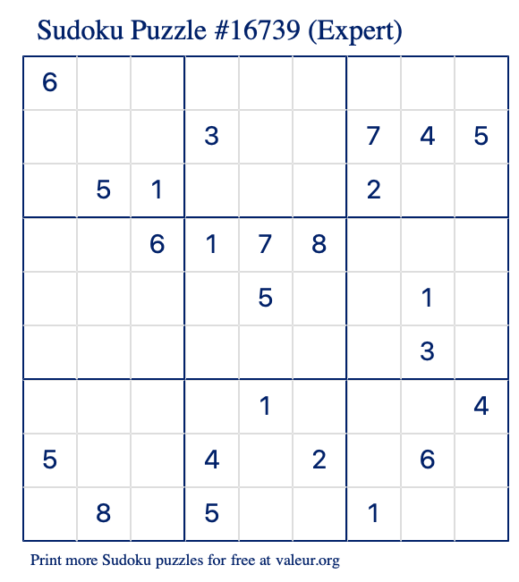 Free Printable Expert Sudoku Puzzle number 16739