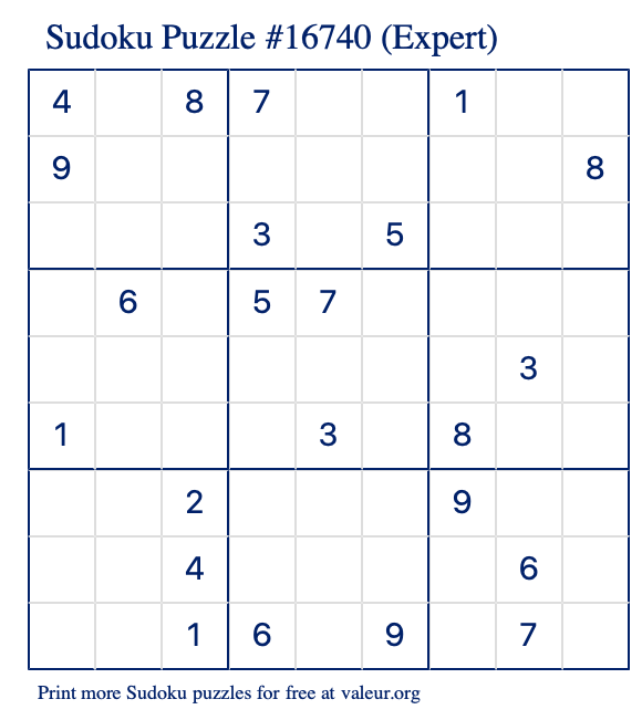 Free Printable Expert Sudoku Puzzle number 16740