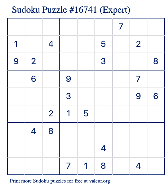 Free Printable Expert Sudoku Puzzle number 16741