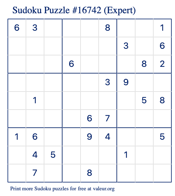 Free Printable Expert Sudoku Puzzle number 16742