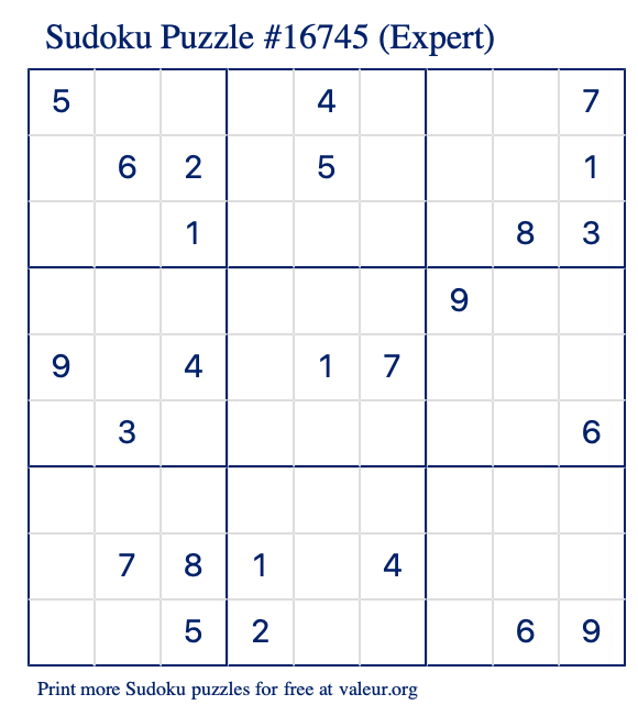 Free Printable Expert Sudoku Puzzle number 16745