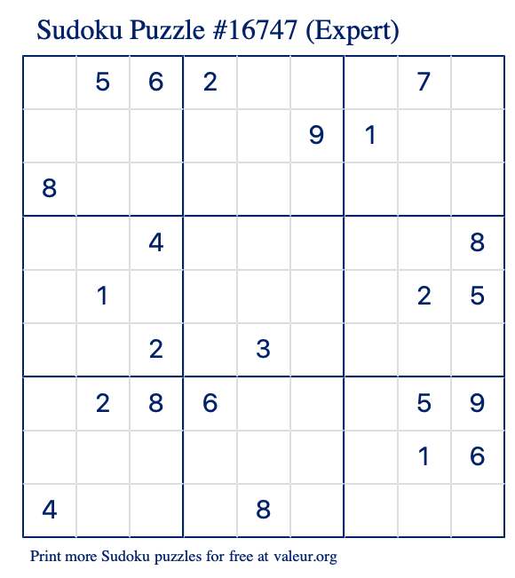 Free Printable Expert Sudoku Puzzle number 16747