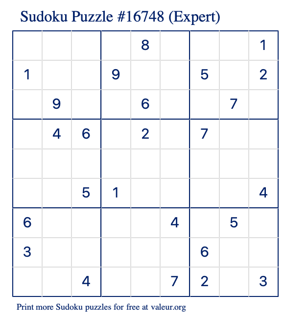 Free Printable Expert Sudoku Puzzle number 16748