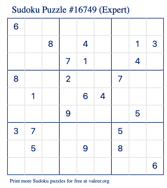 Free Printable Expert Sudoku Puzzle number 16749