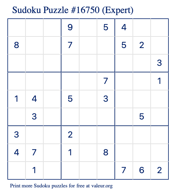 Free Printable Expert Sudoku Puzzle number 16750