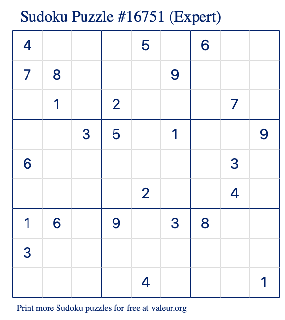 Free Printable Expert Sudoku Puzzle number 16751