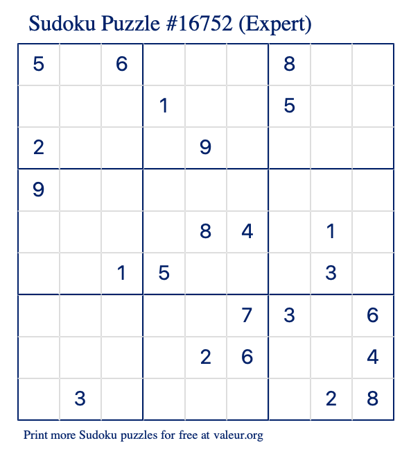 Free Printable Expert Sudoku Puzzle number 16752