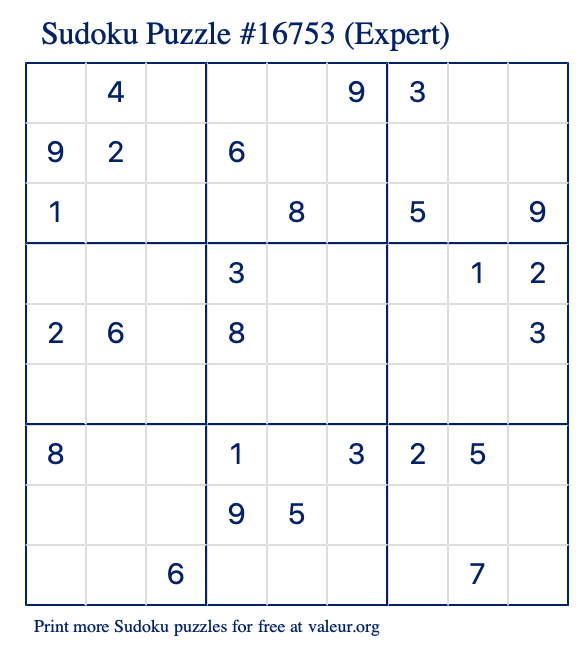 Free Printable Expert Sudoku Puzzle number 16753