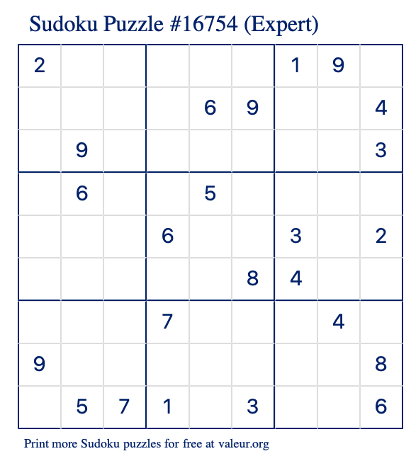 Free Printable Expert Sudoku Puzzle number 16754