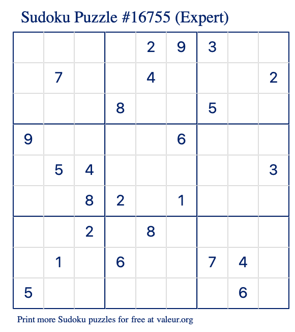 Free Printable Expert Sudoku Puzzle number 16755