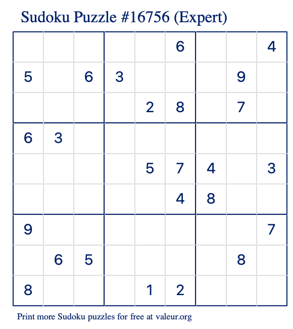 Free Printable Expert Sudoku Puzzle number 16756