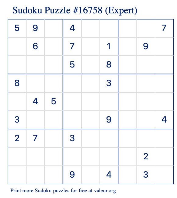 Free Printable Expert Sudoku Puzzle number 16758