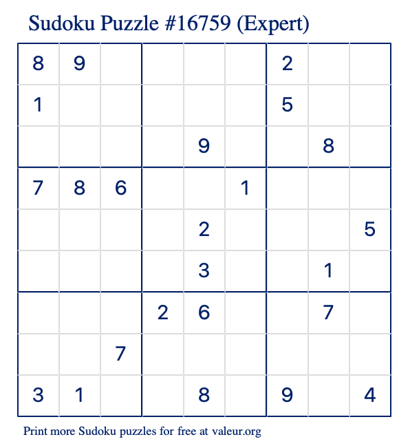 Free Printable Expert Sudoku Puzzle number 16759