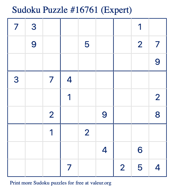 Free Printable Expert Sudoku Puzzle number 16761
