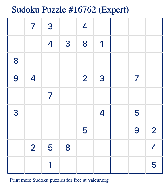 Free Printable Expert Sudoku Puzzle number 16762