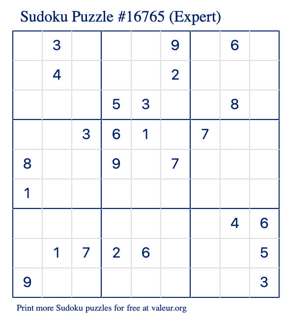 Free Printable Expert Sudoku Puzzle number 16765