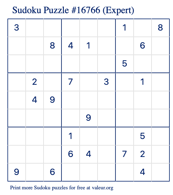 Free Printable Expert Sudoku Puzzle number 16766