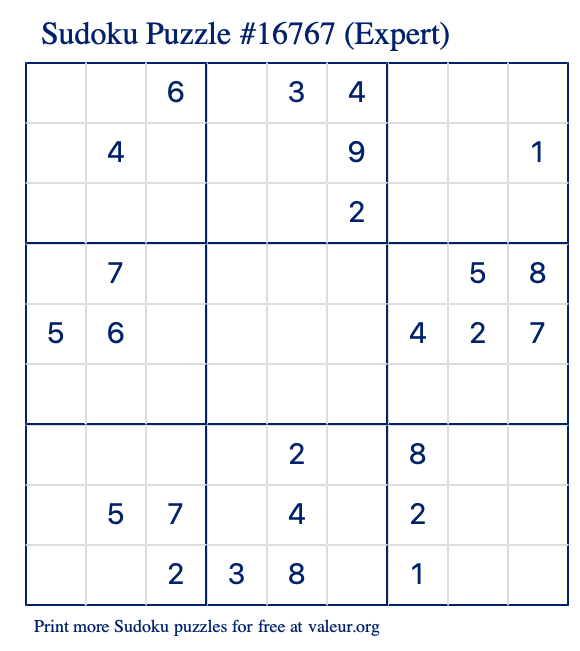 Free Printable Expert Sudoku Puzzle number 16767