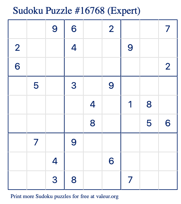 Free Printable Expert Sudoku Puzzle number 16768