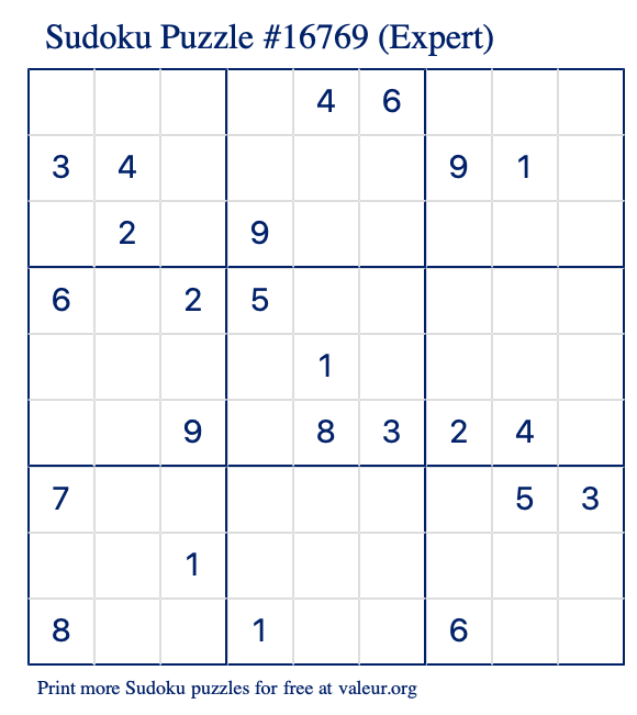 Free Printable Expert Sudoku Puzzle number 16769