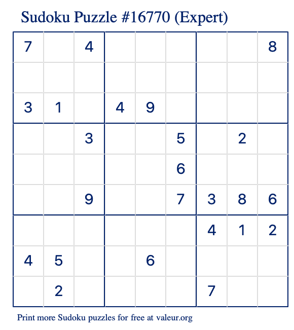 Free Printable Expert Sudoku Puzzle number 16770