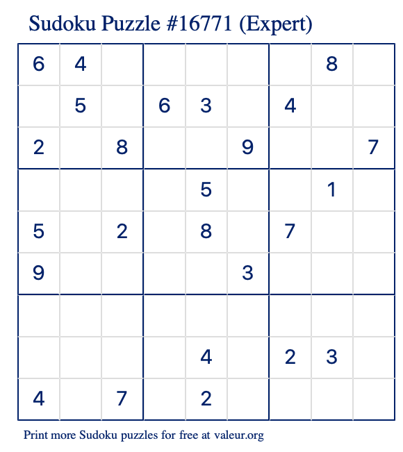 Free Printable Expert Sudoku Puzzle number 16771