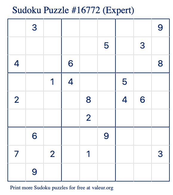Free Printable Expert Sudoku Puzzle number 16772
