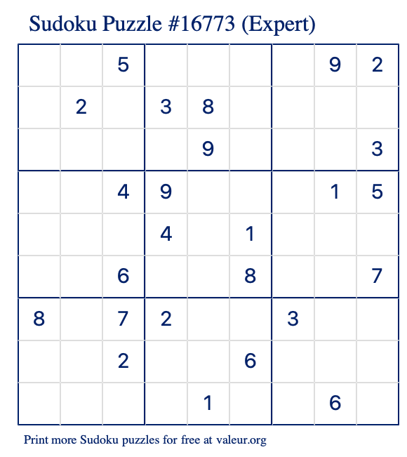 Free Printable Expert Sudoku Puzzle number 16773