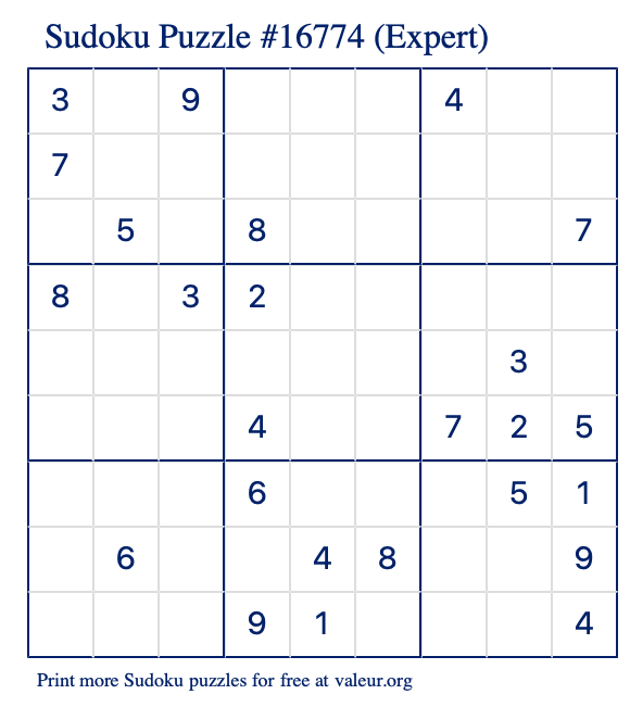 Free Printable Expert Sudoku Puzzle number 16774