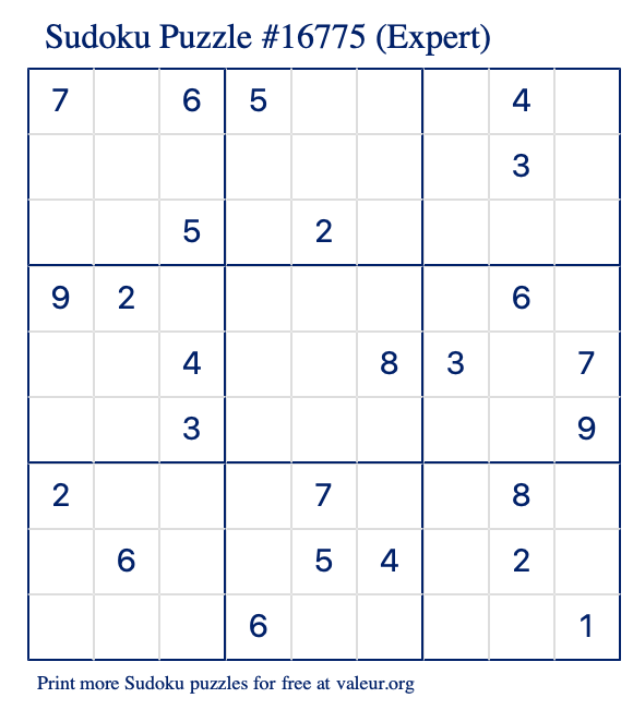 Free Printable Expert Sudoku Puzzle number 16775