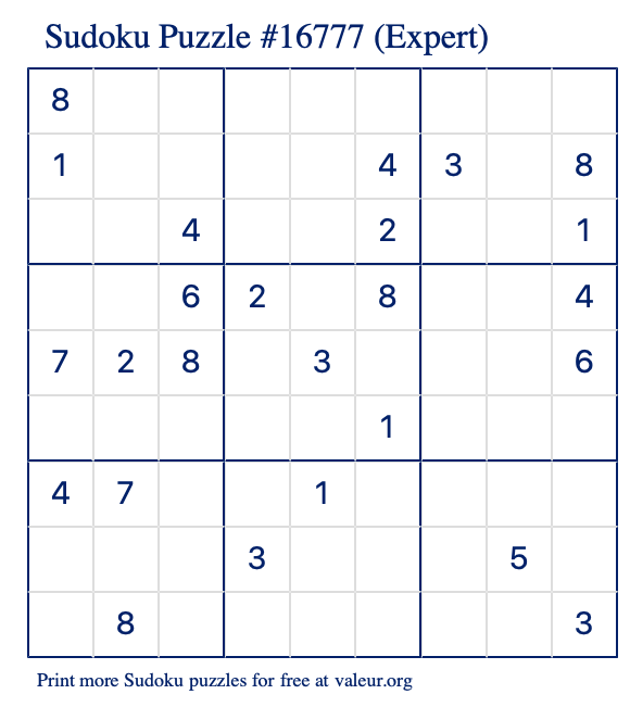 Free Printable Expert Sudoku Puzzle number 16777