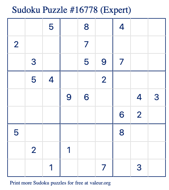 Free Printable Expert Sudoku Puzzle number 16778