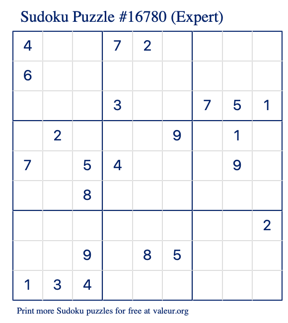 Free Printable Expert Sudoku Puzzle number 16780