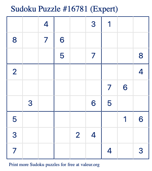 Free Printable Expert Sudoku Puzzle number 16781