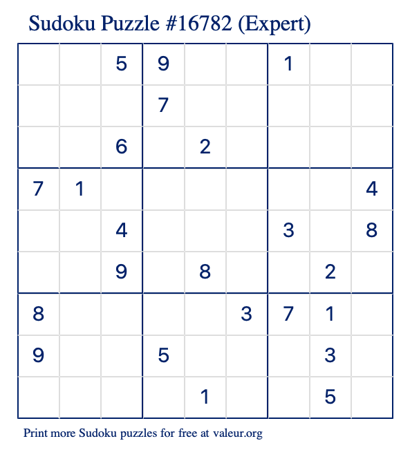 Free Printable Expert Sudoku Puzzle number 16782
