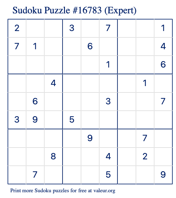 Free Printable Expert Sudoku Puzzle number 16783