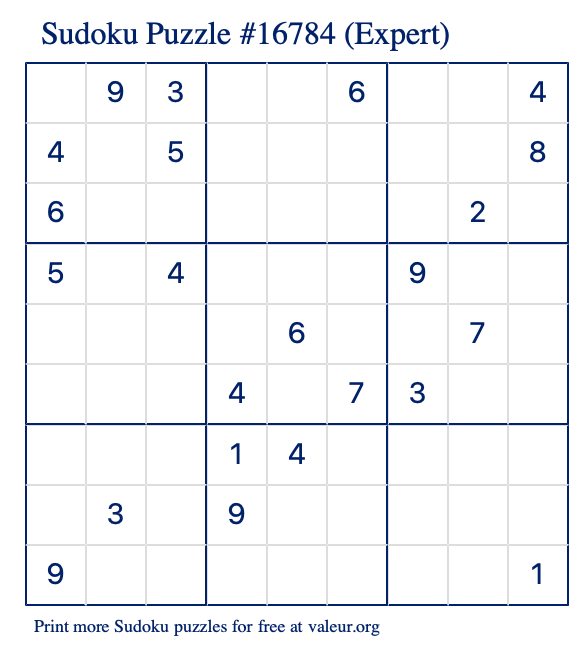 Free Printable Expert Sudoku Puzzle number 16784