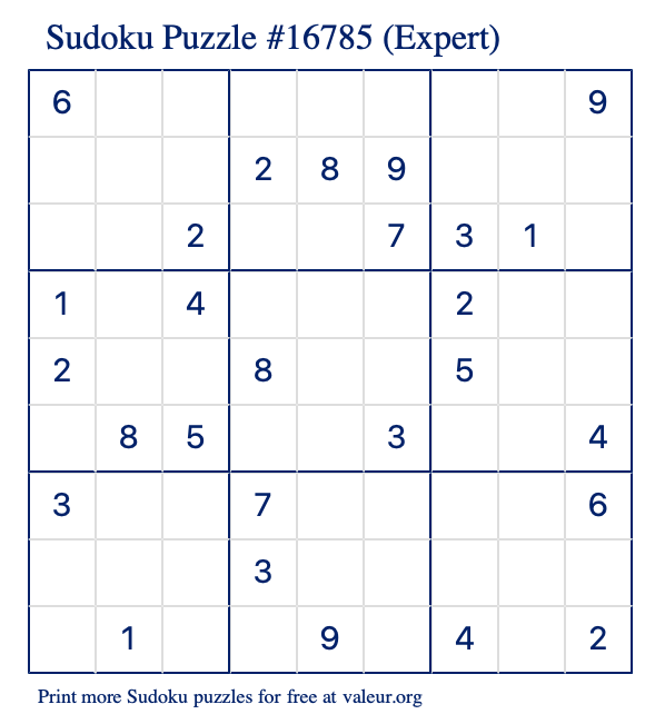 Free Printable Expert Sudoku Puzzle number 16785
