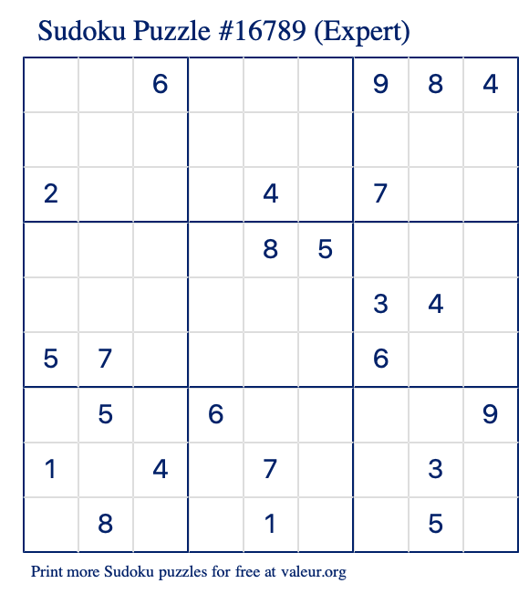 Free Printable Expert Sudoku Puzzle number 16789