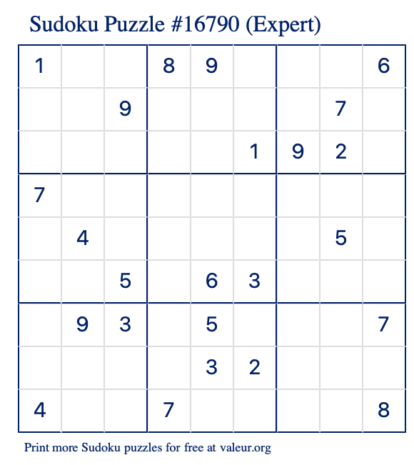 Free Printable Expert Sudoku Puzzle number 16790