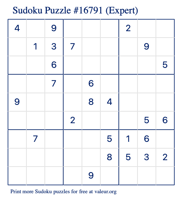 Free Printable Expert Sudoku Puzzle number 16791